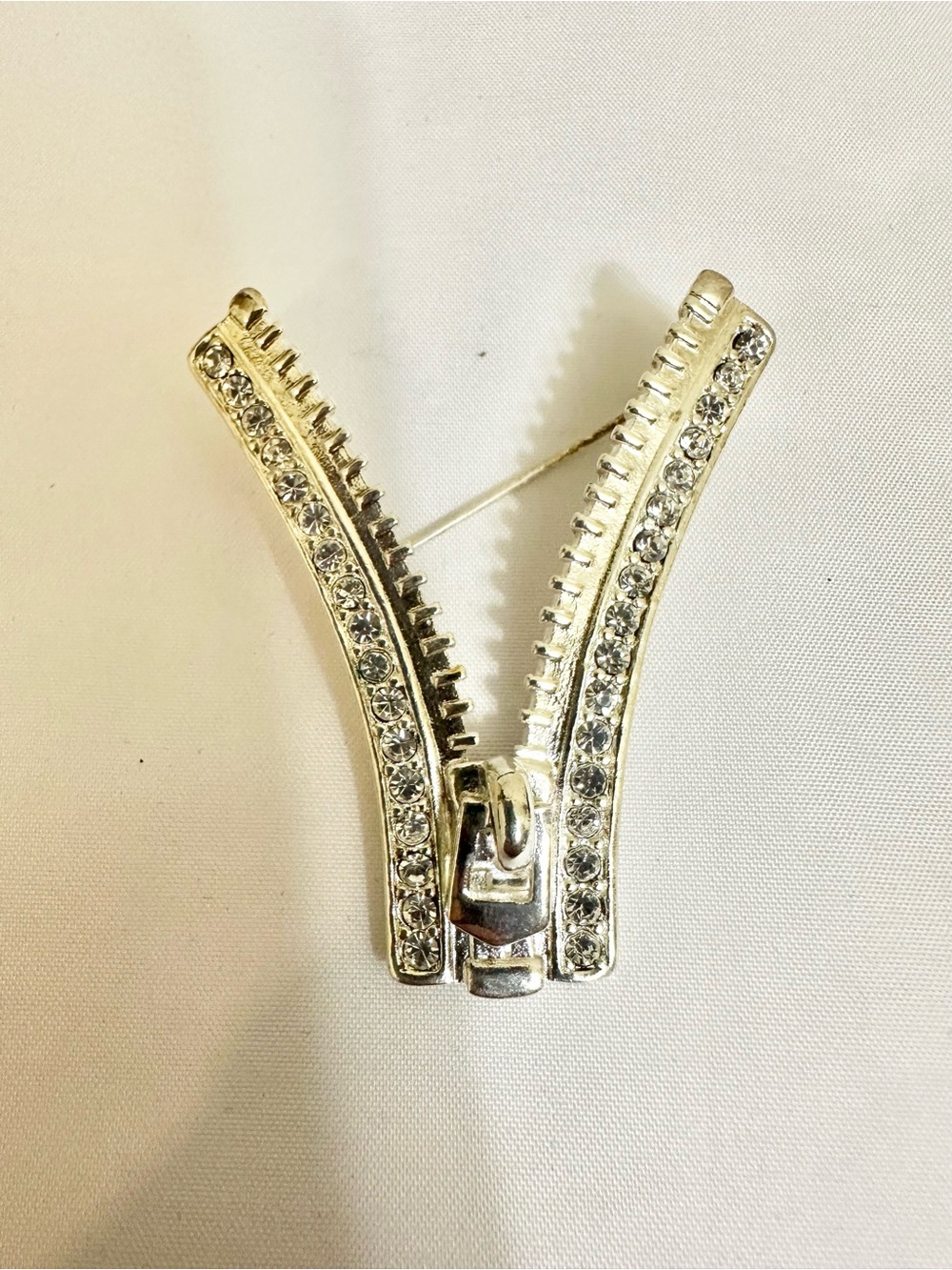 Vintage Silver-Plated Zipper Pin Brooch with Clear Crystals